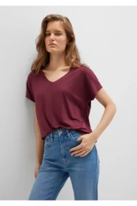Mavi V Neck Claret Red Basic Viscose T-Shirt Regular Fit / Normal Cut -70393 - Image 2