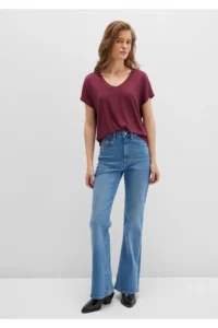 Mavi V Neck Claret Red Basic Viscose T-Shirt Regular Fit / Normal Cut -70393 - Image 3