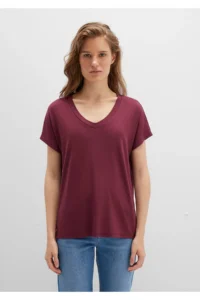 Mavi V Neck Claret Red Basic Viscose T-Shirt Regular Fit / Normal Cut -70393 - Image 4