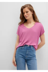 Mavi V Neck Pink Basic Viscose T-Shirt Regular Fit / Normal Cut -70955