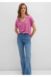 Mavi V Neck Pink Basic Viscose T-Shirt Regular Fit / Normal Cut -70955 - Image 2