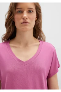 Mavi V Neck Pink Basic Viscose T-Shirt Regular Fit / Normal Cut -70955 - Image 5