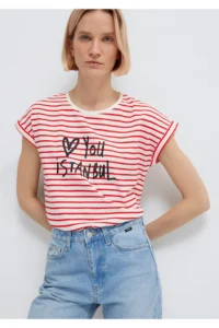 Mavi Love You Printed Striped Istanbul T-Shirt Regular Fit / Normal Cut - Image 2