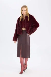 DeFacto High Waist Combed Cotton Lined Slit Midi Faux Leather Claret Red Pencil Skirt - Image 3