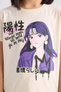 DeFacto Crew Neck Anime Printed Short Sleeve T-Shirt Girls - Image 4