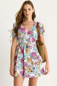 Bianco Lucci Women's Floral Patterned Bow Detailed Mini Dress 602