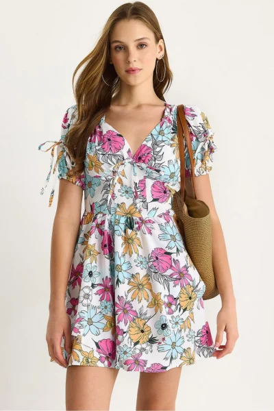 Bianco Lucci Women's Floral Patterned Bow Detailed Mini Dress 602