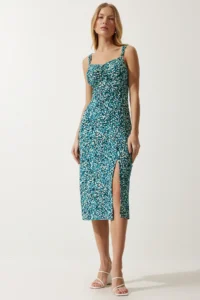 Happiness İstanbul Women's Green Black Double Strap Patterned Knitted Dress - Image 2