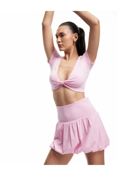 Koton V-Neck Ruffle Detailed Modal Blend Crop Sports T-Shirt