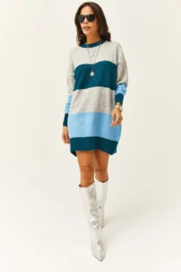 Olalook Women's Gray Colored Striped Soft Textured Mini Tunic Dress - Image 2