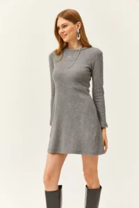 Olalook Women's Smoked Crew Neck Skirt Flared Corduroy Dress - Image 4