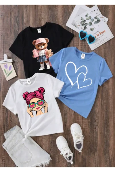 twins tailors Teddy Printed 3 Pack Black-White-Blue Girls' T-Shirt
