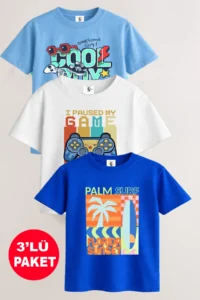 twins tailors Cool Boy Printed 3-Pack Unisex Light Blue-White-Salt Blue Children's T-Shirt