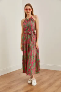 Olalook Women's Zebra Fuchsia Green Halter Neck Belted Woven Viscon Dress - Image 2