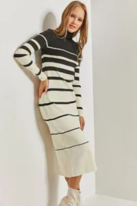 Bianco Lucci Women Turtleneck Striped LONG Knit Dress