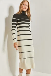 Bianco Lucci Women Turtleneck Striped LONG Knit Dress - Image 2