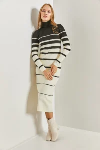 Bianco Lucci Women Turtleneck Striped LONG Knit Dress - Image 4