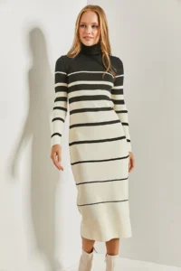 Bianco Lucci Women Turtleneck Striped LONG Knit Dress - Image 5