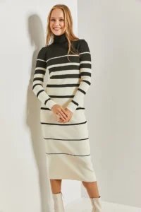 Bianco Lucci Women Turtleneck Striped LONG Knit Dress - Image 6