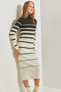 Bianco Lucci Women Turtleneck Striped LONG Knit Dress - Image 7