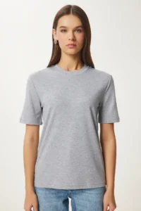 Happiness İstanbul Women's Gray Melange Cotton Basic Knitted T-Shirt - Image 4