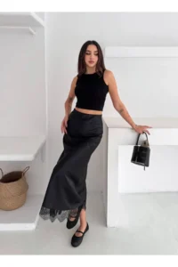 Cool & Sexy Lace Detay Satin LONG Skirt - Image 2