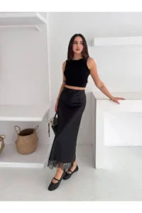 Cool & Sexy Lace Detay Satin LONG Skirt - Image 3