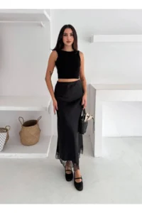 Cool & Sexy Lace Detay Satin LONG Skirt - Image 5
