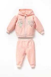 Minipodyum Raised 2 Thread Baby Girl Zippered Hooded Cotton Bottom Top Set
