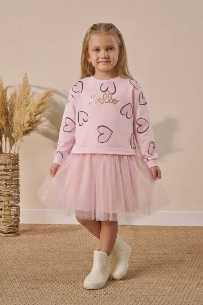 Minipodyum 100% Cotton Seasonal Long Sleeve Daily Girl's Tulle Dress Age 4-7