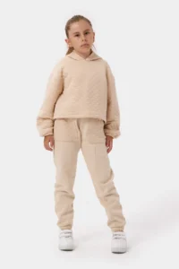 Minipodyum Girl's Hooded Unprinted Quilted Sweatshirt Tracksuit Set - Image 3