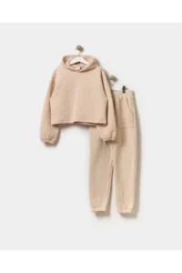 Minipodyum Girl's Hooded Unprinted Quilted Sweatshirt Tracksuit Set - Image 5