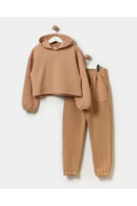 Minipodyum Girl's Hooded Unprinted Quilted Sweatshirt Tracksuit Set - Image 7