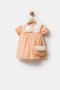 Minipodyum Baby Girl Embroidered Baby Collar Muslin 100% Cotton Eid Dress with Bag