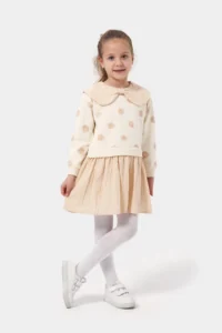 Minipodyum Girl's Dotted Muslin Garnished Long Sleeve Seasonal Dress