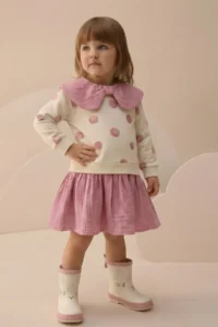Minipodyum Girl's Dotted Muslin Garnished Long Sleeve Seasonal Dress