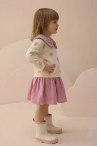 Minipodyum Girl's Dotted Muslin Garnished Long Sleeve Seasonal Dress - Image 2