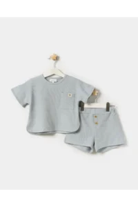 Minipodyum Oversize Pocket T-shirt with Shorts Unisex Waffle Children's Summer Double Set