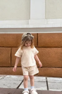 Minipodyum Oversize Pocket T-shirt with Shorts Unisex Waffle Children's Summer Double Set - Image 2