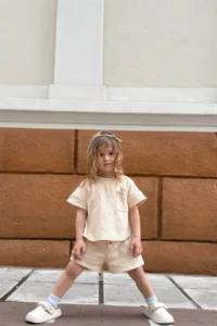 Minipodyum Oversize Pocket T-shirt with Shorts Unisex Waffle Children's Summer Double Set - Image 6