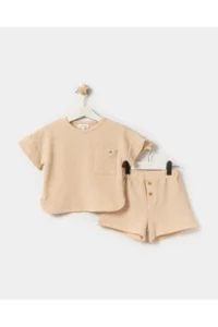 Minipodyum Oversize Pocket T-shirt with Shorts Unisex Waffle Children's Summer Double Set - Image 7