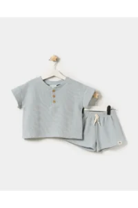 Minipodyum Oversize Patchwork T-shirt with Shorts Unisex Waffle Children's Summer Double Set