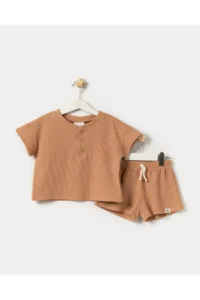 Minipodyum Oversize Patchwork T-shirt with Shorts Unisex Waffle Children's Summer Double Set