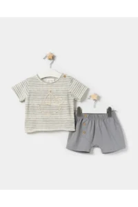 Minipodyum Baby Boy Ship Embroidered T-shirt Summer Two-piece Set with Shorts