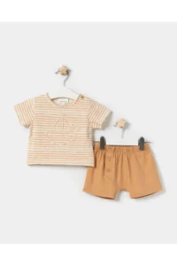 Minipodyum Baby Boy Ship Embroidered T-shirt Summer Two-piece Set with Shorts
