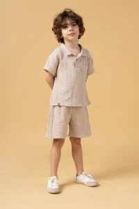 Minipodyum Boy's Plaid Shirt Shorts Muslin Summer Double Set