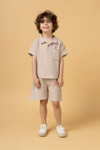 Minipodyum Boy's Plaid Shirt Shorts Muslin Summer Double Set - Image 4