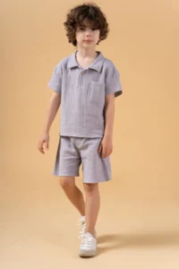 Minipodyum Boy's Plaid Shirt Shorts Muslin Summer Double Set