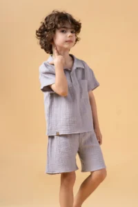 Minipodyum Boy's Plaid Shirt Shorts Muslin Summer Double Set - Image 2