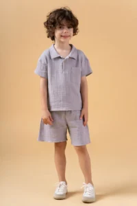 Minipodyum Boy's Plaid Shirt Shorts Muslin Summer Double Set - Image 3